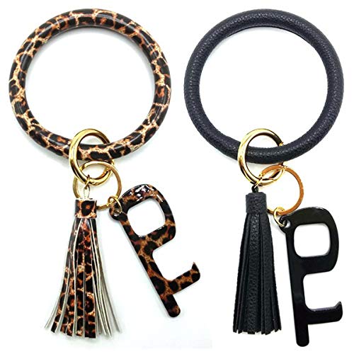 Spiritlele 2PCS Wristlet Keychain Bracelet Leather Keyring Bangle Tassel Big Round Key Chain for Women Girls (2 Keychain + 2 Clean Key)