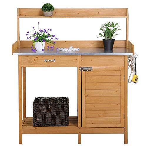 YAHEETECH Outdoor Garden Potting Bench Table Work Bench Metal Tabletop W/Cabinet Drawer Open Shelf Natural Wood