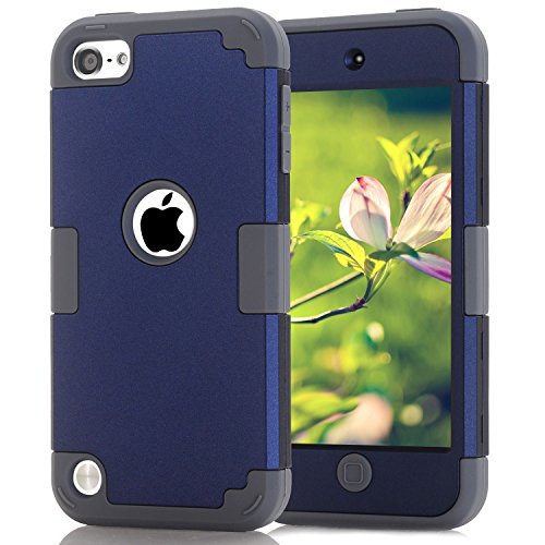 Case for iPod 7 6 5- CheerShare iPod Touch 5 6 7 Case, The Best Silicone Shockproof High Impact Layered Case + Protective Cover Case for iPod Touch 7th 6th 5th Generation(Dark Blue + Gray)