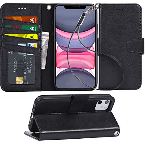 Arae Case for iPhone 11 PU Leather Wallet Case Cover [Stand Feature] with Wrist Strap and [4-Slots] ID&Credit Cards Pocket for iPhone 11 6.1 inch 2019 Released - Black