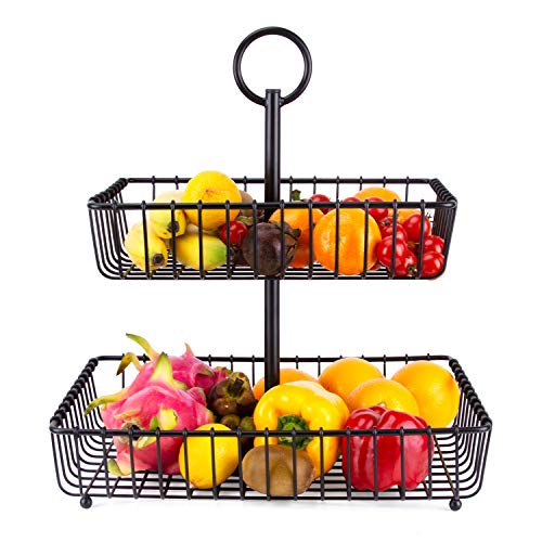 Fruit Basket - ESEOE 2 Tier Large Size Counter Top Fruit Vegetables Basket Bowl Stand Storage Organization for Kitchen Home Metal Cast Iron 16'' X 15'' X 17.3''