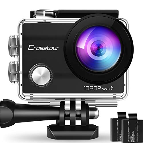 Crosstour Action Camera 1080P Full HD Wi-Fi 14MP PC Webcam Waterproof Cam 2' LCD 30m Underwater 170°Wide-Angle Sports Camera with 2 Rechargeable 1050mAh Batteries and Mounting Accessory Kits