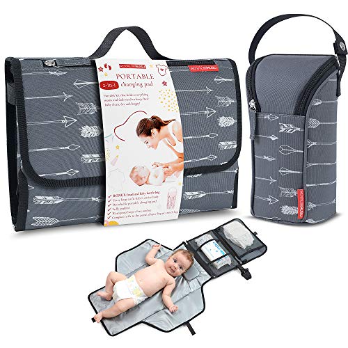Portable Diaper Changing Pad Waterproof – B0NUS Insulated Baby Bottle Bag, 2-in-1 Diaper Clutch and Changing Mat, Wipe Clean Portable Changing Pad with Built-in Head Cushion (Gray)