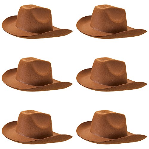 6-Pack Cowboy Hat Halloween Accessory - Dress Up Theme Party Roleplay & Cosplay Headwear Brown