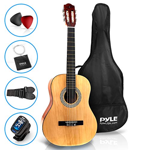 Pyle 36” Classical Acoustic Guitar-3/4 Junior Size 6 Linden Wood Guitar w/Gig Bag, Tuner, Nylon Strings, Picks, Strap, for Beginners, Adults, Right, Natural (PGACLS82)