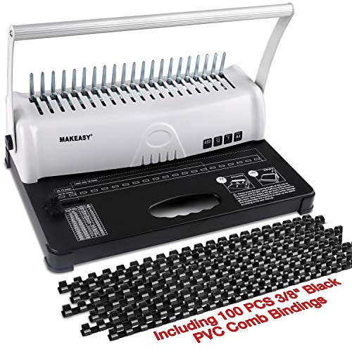 MAKEASY Binding Machine, 21-Hole, 450 Sheet, Paper Punch Binder with Starter Kit 100 PCS 3/8'' PVC Comb Bindings, Comb Binding Machine for A4 / A5