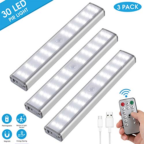 Under Cabinet Lighting, Aeegulle 30 LED Rechargeable Closet Light, Stick-on Anywhere Wireless Motion Sensor Light Lamp, for Closet Hallway Cabinet Stairway Wardrobe Kitchen (3 Pack)