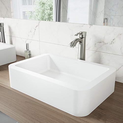 VIGO Petunia Rectangular White PMMA Matte Stone Vessel Bathroom Sink, Non-Porous, Solid Core, Stain Resistant Bowl, Matte White Finish