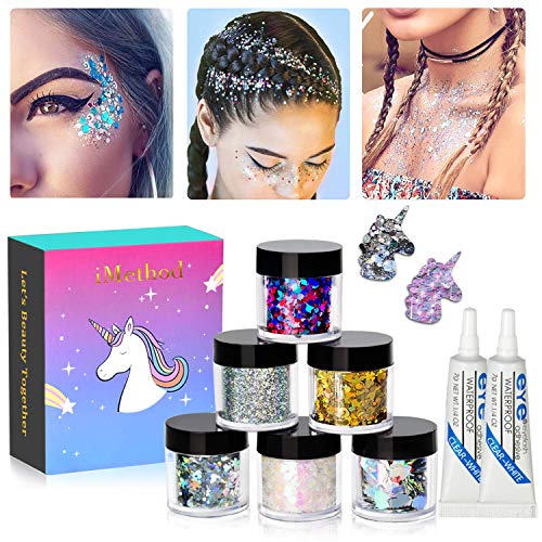 Body Glitter by iMethod - 6 Jars Face Glitter, Including Fine Glitter & Chunky Glitter, Holographic Glitter for Festival Makeup, Perfect for Women and Kids, Rave Accessories