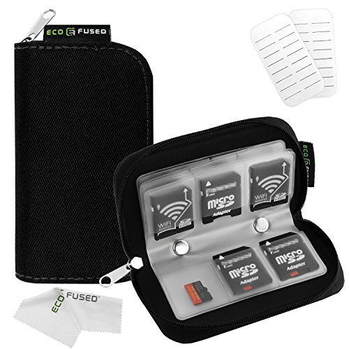 Eco-Fused Memory Card Case - Fits up to 22x SD, SDHC, Micro SD, Mini SD and 4X CF - Holder with 22 Slots - Microfiber Cleaning Cloth Included