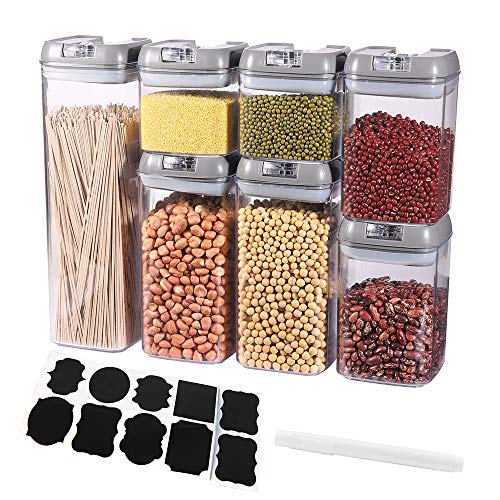 YCOCO Food Airtight Storage Containers with Lids,7 Pieces Plastic Cereal Storage Containers,for Kitchen Pantry Organization and Storage,Include Labels and pen,Grey