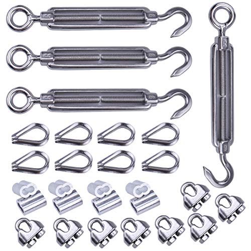 Muzata 1/8' Cable Railing Kit 4PACK,Inluded M6 Stainless Steel Hook Eye Turnbuckle Tension 4Pcs,M3 1/8' Wire Rope Cable Clip Clamp 8Pcs,M3 Stainless Steel Thimble 8Pcs NK10