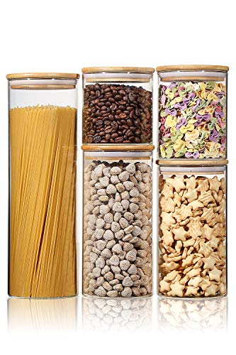 Stackable Kitchen Canisters Set, Aitsite Clear Glass Jars for Home Kitchen, Upgrade Thicken Airtight Food Storage jars with Wood Bamboo Clamp Lids for Spaghetti, Flour, Coffee, Sugar, pasta, 5 Pack