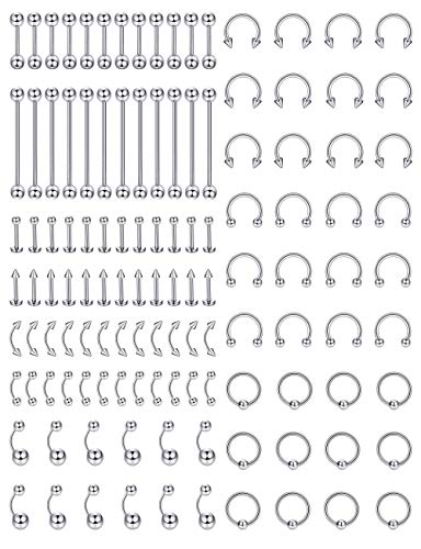 Jstyle 120Pcs Body Jewelry Piercing Lot Stainless Steel Nose Horseshoe Lip Tongue Eyebrow Tragus Body Piercing Navel Belly Ring Barbells 14G-16G