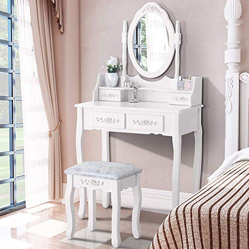 Mecor Vanity Table Set ,Makeup Table with Oval Mirror & Stool, Bedroom Wood Dressing Table with 4 Drawers White