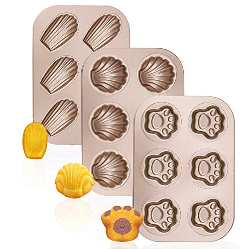 Madeleine Pans, Beasea 3 Pack Nonstick Cat Claws Shape Baking Pans, Carbon Steel Baking Mold, 6 Cavity Baking Tray Bagels Mold