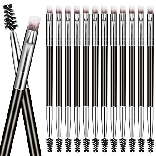 12Pcs Duo Eyebrow Brush Professional Angled Eyebrow Brush And Spoolie Brushes Mini Eyelash Brush Makeup Tool For Tinting Angled Eyebrow For Brow Powders Waxes Gels and Blends