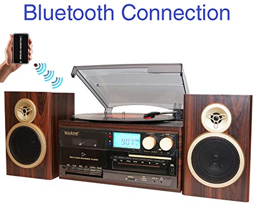 Boytone BT-28SPM, Bluetooth Classic Style Record Player Turntable with AM/FM Radio, CD / Cassette Player, 2 Separate Stereo Speakers, Record from Vinyl, Radio, and Cassette to MP3, SD Slot, USB, AUX.
