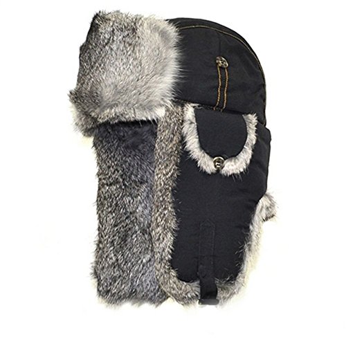 Mad Bomber Cold Weather Aviator Pilots Bomber Hat Black with Real Grey Rabbit Fur, Large