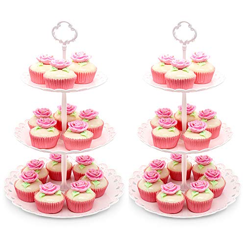 Imillet Cupcake Stand/Holder Plastic Dessert Stand White Cake Stand 3 Tiered Serving Stand Display Stand Reusable Pastry Platter for Wedding Birthday Baby Shower Tea Party Decorations (2 Pack Large)