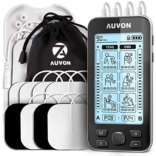AUVON 4 Outputs TENS Unit EMS Muscle Stimulator Machine for Pain Relief Therapy with 24 Modes Electric Pulse Massager, 2' and 2'x4' Electrodes Pads (Black)