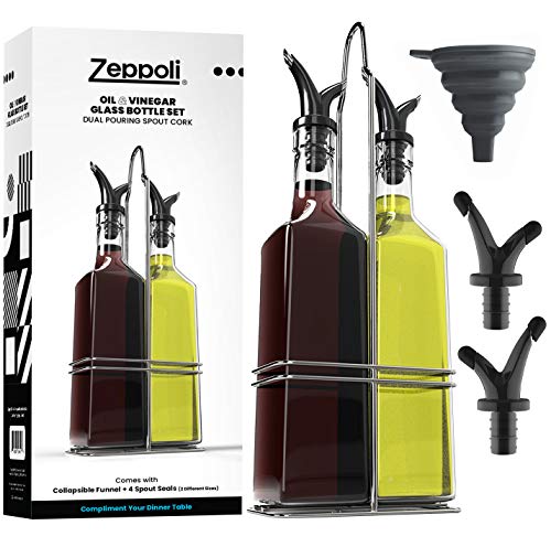 Zeppoli Oil and Vinegar Bottle Dispenser Set with Stainless Steel Rack and Removable Cork - Dual Spout, Pouring Funnel, 4 Spout Seals, 17 oz Olive Oil Bottle and Vinegar Glass Set