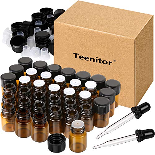 Oil Bottles for Essential Oils, Teenitor 36 Pcs 2 ml (5/8 Dram) Amber Glass Vials Bottles, with Orifice Reducers and Black Caps, with 2 Free Glass Transfer Eye Droppers [USA Seller] Shipping By FBA