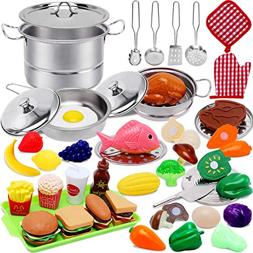 Toys for 2 3 4 Year Old Girls Boys,Play Kitchen Accessories,45 PCS Play Food Set for Kids Kitchen with Stainless Steel Cookware Pots and Pans Play Foods Toys for Age 2-4 Years Old