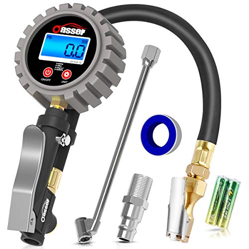 Oasser Tire Inflator with Gauge Tire Pressure Gauge Inflator 255PSI Air Compressor Accessories with Brass Air Chuck Dual Head Air Chuck 1/4' NPT Digital Backlit LCD P5