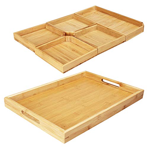 Renawe Wooden Serving Tray with Handles Set of 6, Bamboo Fruit Tray Food Dessert Trays Ottoman Tea Coffee Tray Divided Serving Platter Cake Cookie Tray Wood Plates