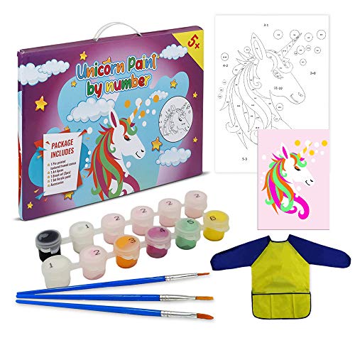 Abvak Unicorn Paint by Numbers for Kids & Beginners, DIY Child's Oil Paint Kit 16' x 12' Framed Canvas Acrylic Educational Math Gift with Bonus Art Smock