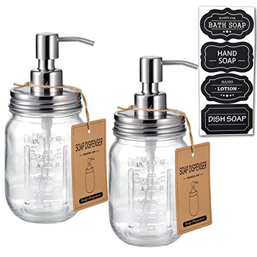 Mason Jar Soap Dispensers -Rustproof Stainless Steel Lid &Pump, Refillable Wash Hand Soap for Bathroom,Kitchen-Ideal for Dish Soap,Liquid Soap, Lotions,Waterproof Stickers,16Oz/ Brushed nickel(2 Pack)