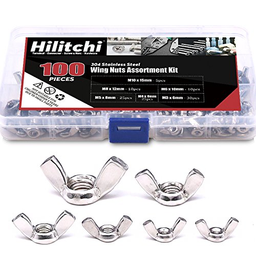 Hilitchi 100-Pcs M3 M4 M5 M6 M8 M10 Wingnut Butterfly Wing Nuts Assortment Kit, 304 Stainless Steel