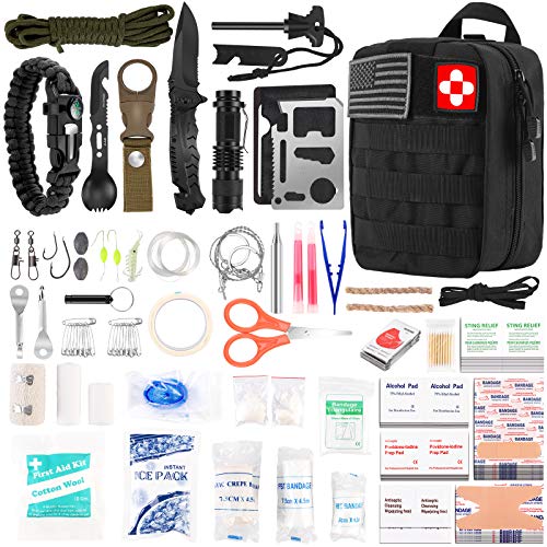 216 Pcs Survival First Aid kit, Professional Survival Gear Equipment Tools First Aid Supplies for SOS Emergency Tactical Hiking Hunting Disaster Camping Adventures(Black)