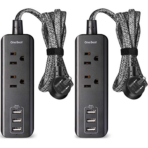 2 Pack Power Strip with USB, 2 Outlets and 3 USB Ports(3.1A, 15W) Travel Power Strip, Desktop Charging Station with 5 ft Braided Extension Cord, Flat Plug for Cruise Ship, Home and Office (Black)