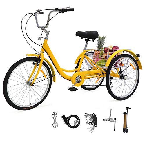 EOSAGA Adult Tricycles Trikes, 7 Speed 26 inch 3-Wheel Bikes Three Wheel Bicycles Cruise Trike with Shopping Basket/Full Assembly Tool for Seniors, Women, Men (Yellow)