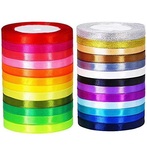 25 Rolls 625 Yards 25 Rainbow Colors Fabric Ribbons Bulk Silk Satin Ribbon Glitter Metallic Ribbon Rolls in 2/5' Wide 25 Yard/roll Embellish Ribbons for Bows Crafts Gifts Wrapping Sewing Party Wedding