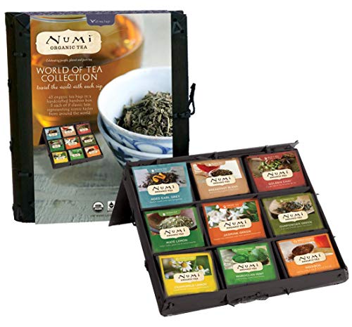 Numi Organic Tea World of Tea Variety Gift Set, 45 Black, Green, Mate & Herbal Tea Bags in Bamboo Chest (Packaging May Vary), 45 Count