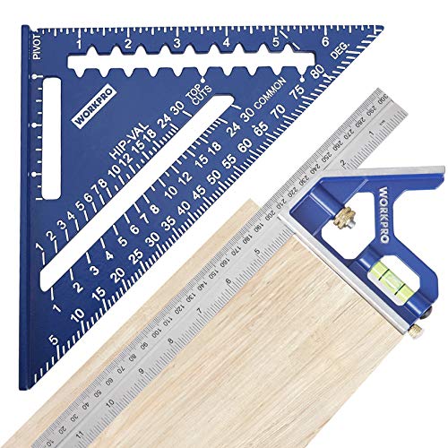 WORKPRO Rafter Square and Combination Square Tool Set, 7 IN. Aluminum Alloy Die-casting Carpenter Square and 12 Inch Zinc-alloy Die-casting Square Ruler Combo (Rafter Square Layout Tool)