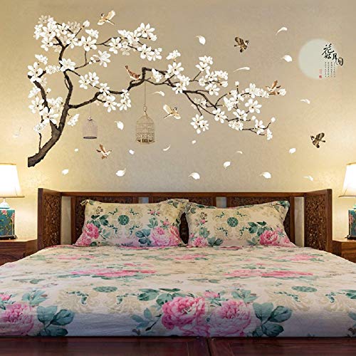 Amaonm Chinese Style White Flowers Black Tree and Flying Birds Wall Stickers Removable DIY Wall Art Decor Decals Murals for Offices Home Walls Bedroom Study Room Wall Decaoration, 50'x74'