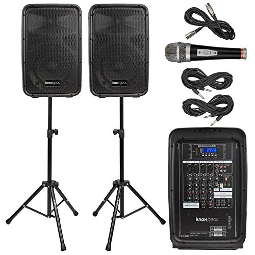 Knox Dual Speaker and Mixer Kit – Portable 8” 300 Watt DJ PA System with Wired Microphone, and Tripods – 8 Channel Amplifier - Bluetooth, USB, SD, 1/4” Line RCA, XLR Inputs