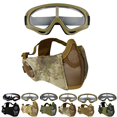 Outgeek Airsoft Mask, Lower Steel Mesh Mask Protective Half Face Mask UV Protection Glasses Comfortable and Cool Mask Goggles Set for Adult Men Women Children