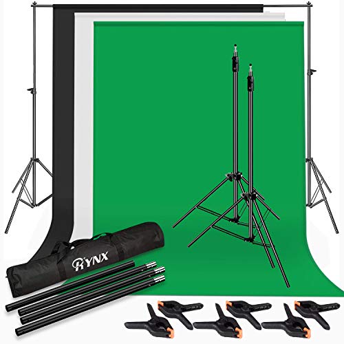 Photo Studio 6.5 X 9.8 ft Backdrop Stand Background Support System with 6.5 X 9.8 ft Cotton Chromakey Screen Muslin Backdrop (White, Black, Green) for Portrait Product Video Shooting