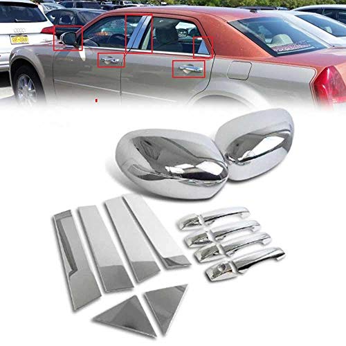 Overun Combo Polished Stainless Steel Door Center Pillar Post Trims+Chrome Handle+Mirror Covers Overlays Designed for 2005-2010 300C/300