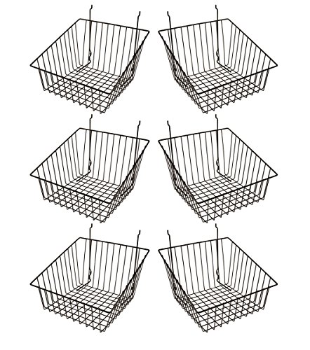 Econoco - Black Multi-Fit Sloped Front Wire Basket for Slatwall, Pegboard or Gridwall (Set of 6) Metal Semi-Gloss Basket, Black