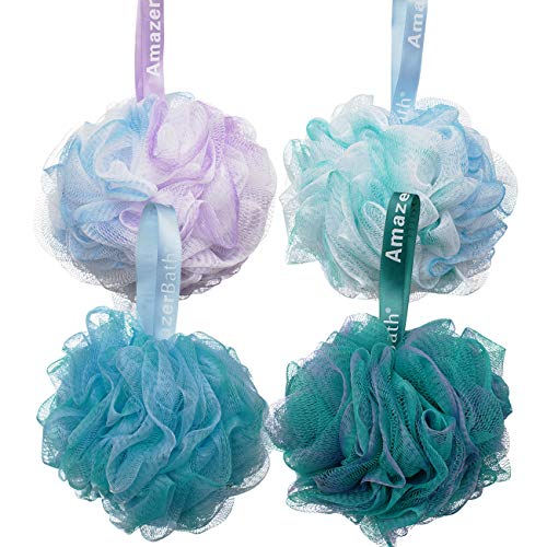 AmazerBath Shower Bath Sponge Shower Loofahs Balls 75g/PCS for Body Wash Bathroom Men Women- Set of 4 Flower Color Pack