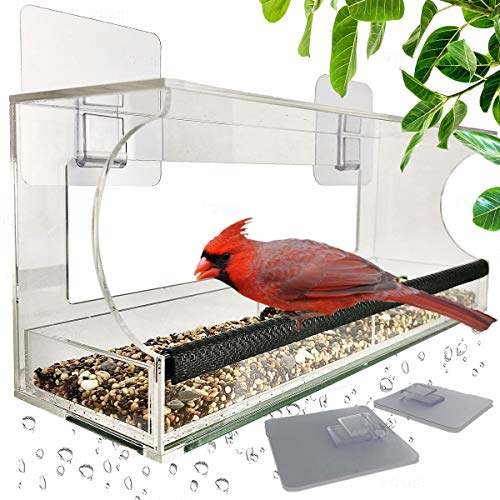 Foxup Window Bird Feeders with Sliding Feed Tray for Outside, Never Falling Off, Large Outside Bird Feeder for Wild Birds, Hanging Birdhouse Kit, Drain Holes, Super Strong Hooks