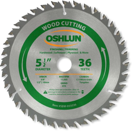 Oshlun SBW-055036 5-1/2-Inch 36 Tooth ATB Finishing and Trimming Saw Blade with 5/8-Inch Arbor (1/2-Inch and 10mm Bushings)