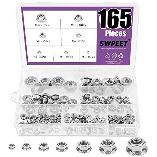 Swpeet 165Pcs 304 Stainless Steel Serrated Metric Flange Nuts Insert Hex Lock Nuts Assortment Kit - M3 M4 M5 M6 M8 M10 M12