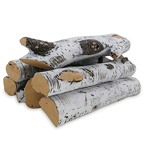 Hisencn 16' Ceramic White Birch Wood, Large Gas Fireplace Logs Set for All Types of Indoor Gas Inserts, Vented, Propane, Gel, Ethanol, Electric or Outdoor Fireplaces, Fire Pits (6 Pieces)